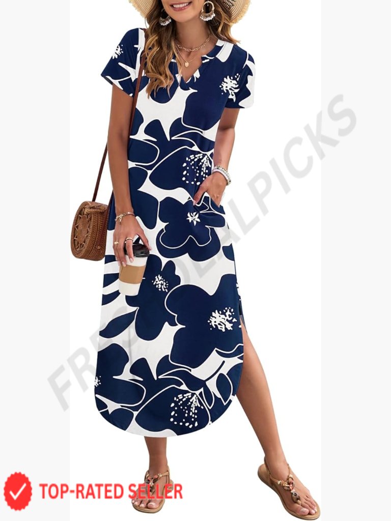 Summer Maxi Dress Casual V Neck Loose Fit Side Slit Long Beach Sundress